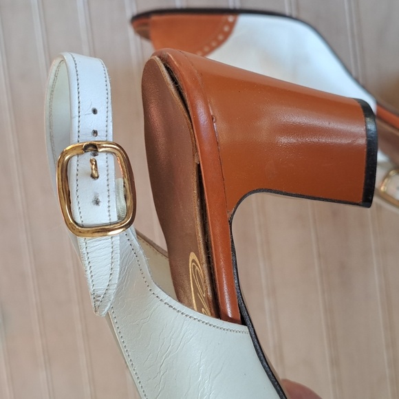 Marcia Hill Vintage Retro 60s 70s Two Tone Open Toe Sling Back Short Heels - Picture 6 of 8